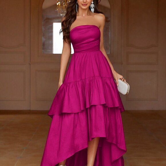 Hot Pink Party Women's Pleated Strapless Sleeve Evening Dress - Picture 6 of 7